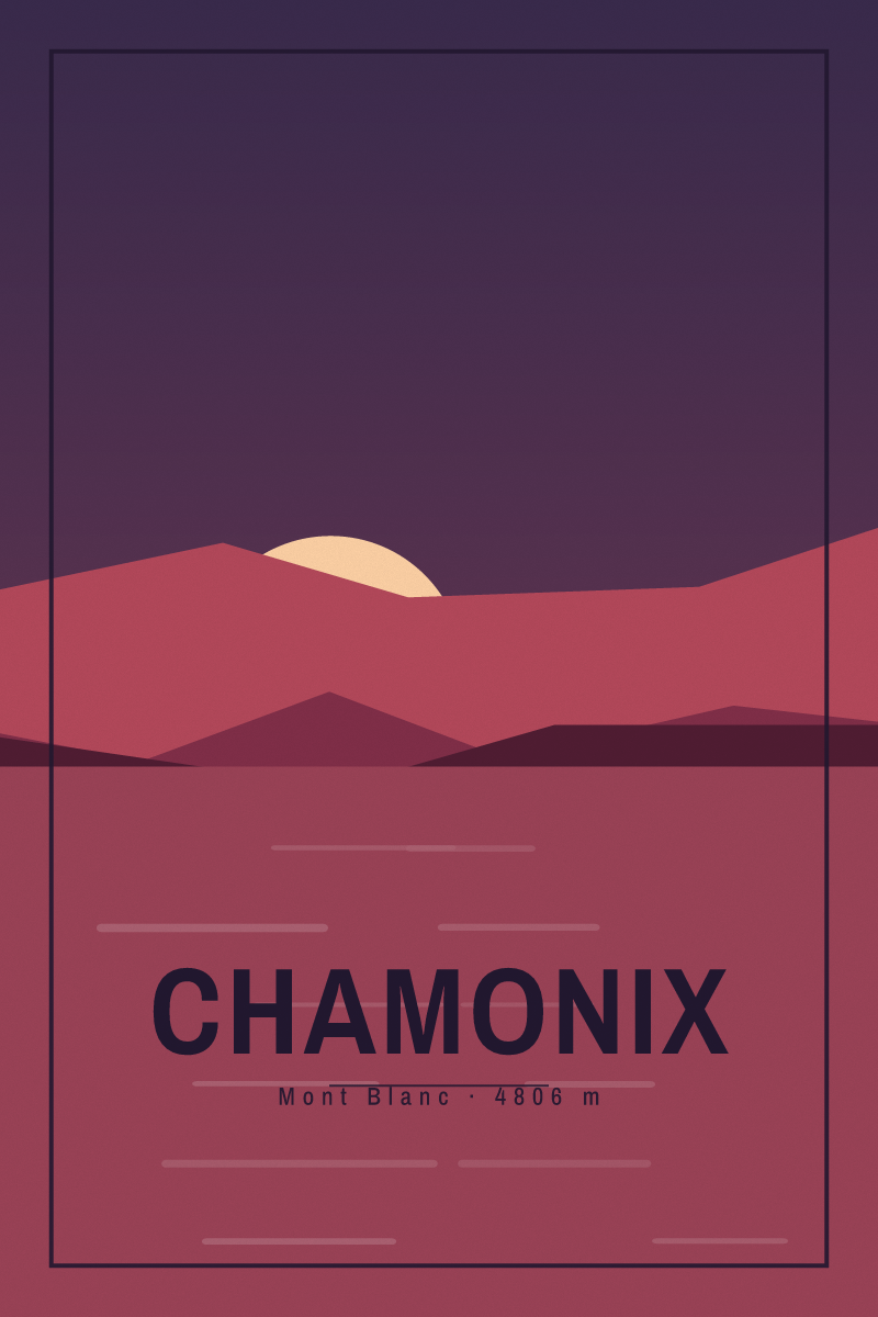Retro travel poster of Chamonix with layered ridgelines and sun arcs in the ember night palette