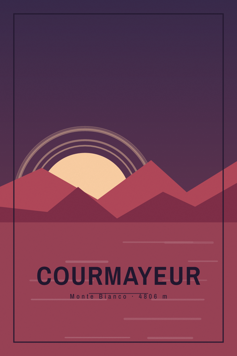 Retro travel poster of Courmayeur with layered ridgelines and sun arcs in the ember night palette