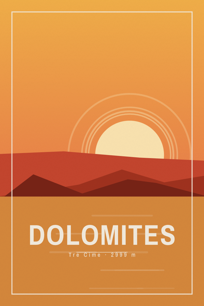 Retro travel poster of Dolomites with layered ridgelines and sun arcs in the sunset dunes palette