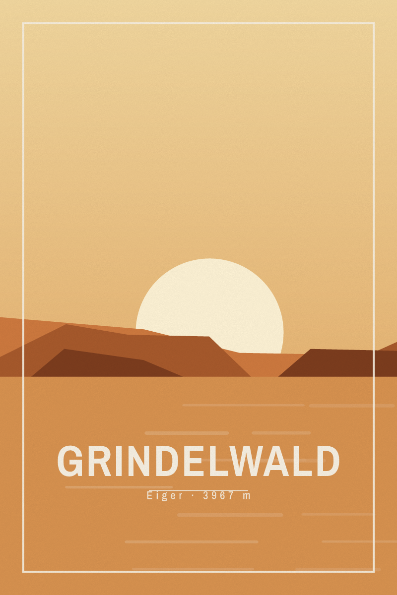 Retro travel poster of Grindelwald with layered ridgelines and sun arcs in the desert noon palette
