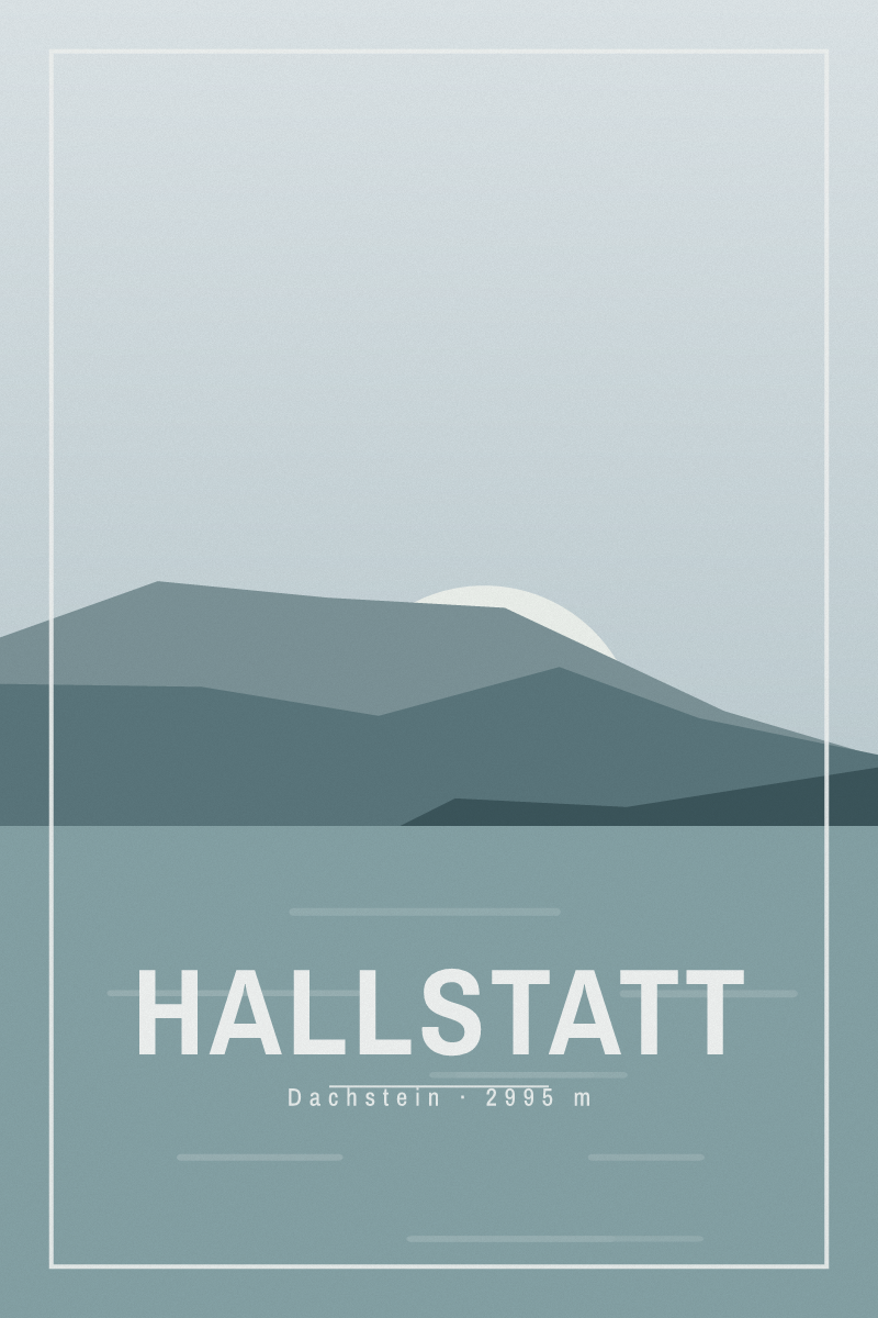 Retro travel poster of Hallstatt with layered ridgelines and sun arcs in the nordic fjord palette