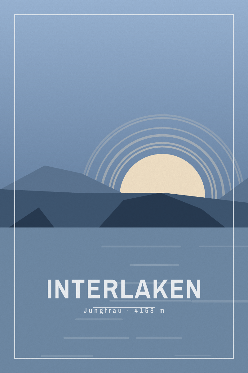 Retro travel poster of Interlaken with layered ridgelines and sun arcs in the alpine dusk palette