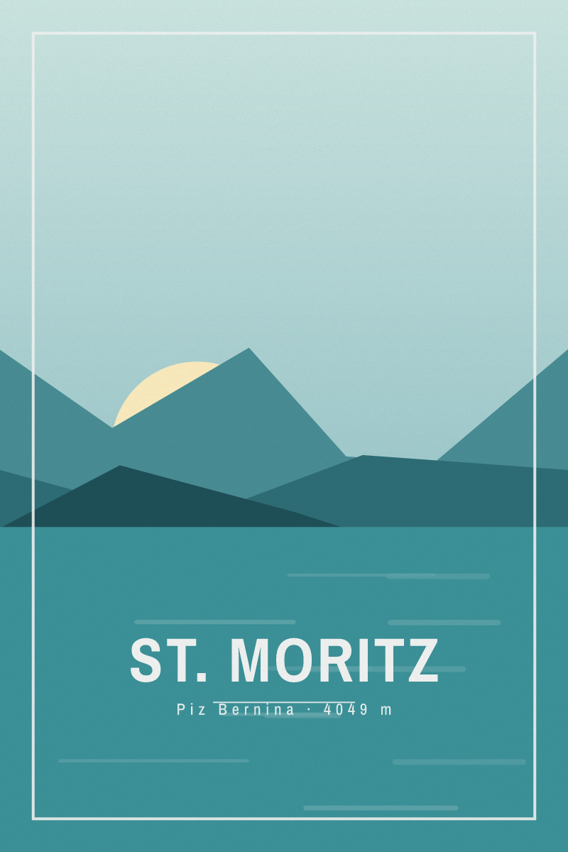 Retro travel poster of St. Moritz with layered ridgelines and sun arcs in the coastal calm palette