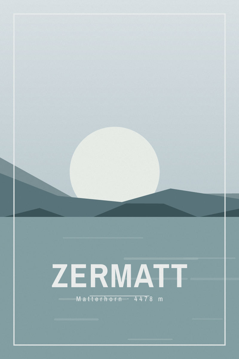 Retro travel poster of Zermatt with layered ridgelines and sun arcs in the nordic fjord palette