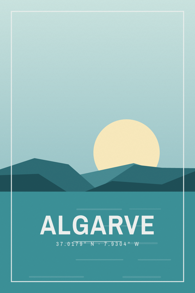 Retro travel poster of Algarve with layered ridgelines and sun arcs in the coastal calm palette