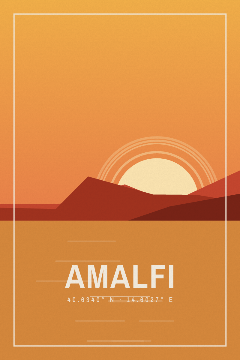 Retro travel poster of Amalfi with layered ridgelines and sun arcs in the sunset dunes palette