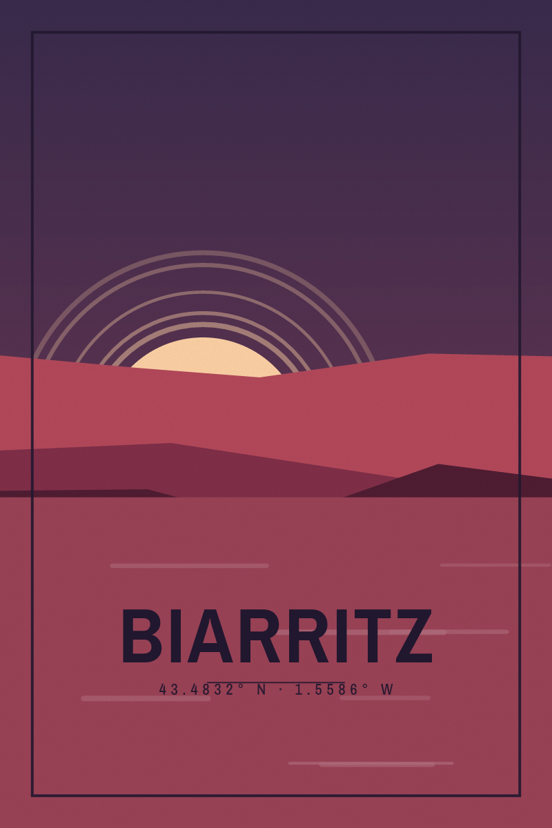 Retro travel poster of Biarritz with layered ridgelines and sun arcs in the ember night palette