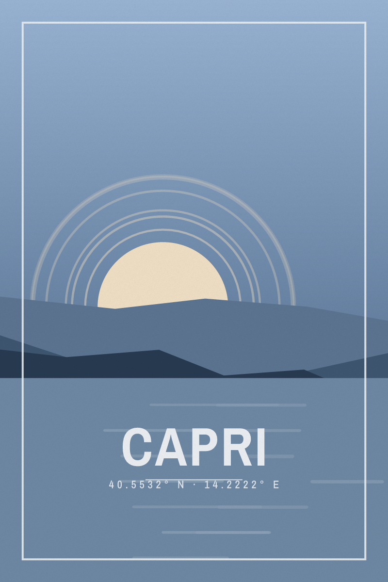 Retro travel poster of Capri with layered ridgelines and sun arcs in the alpine dusk palette