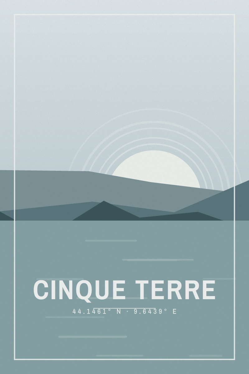 Retro travel poster of Cinque Terre with layered ridgelines and sun arcs in the nordic fjord palette