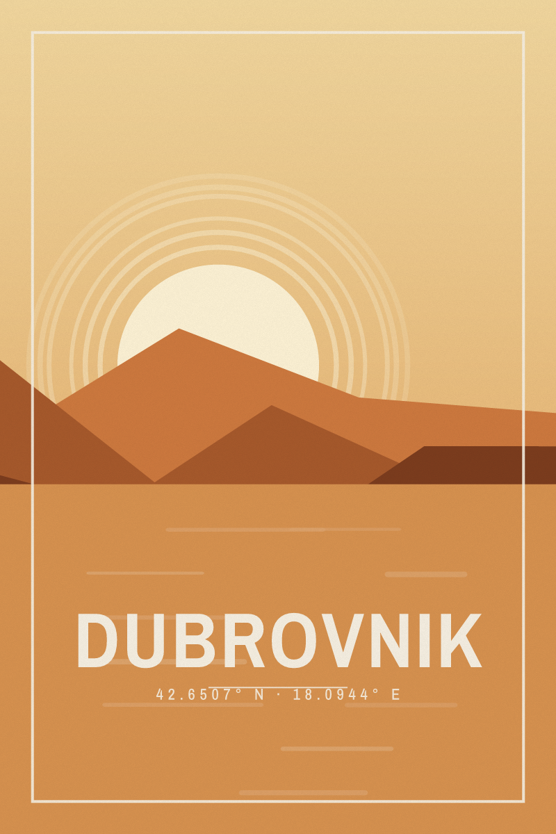 Retro travel poster of Dubrovnik with layered ridgelines and sun arcs in the desert noon palette