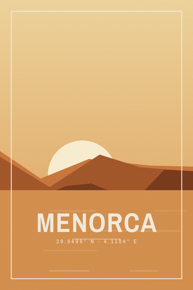 Retro travel poster of Menorca with layered ridgelines and sun arcs in the desert noon palette
