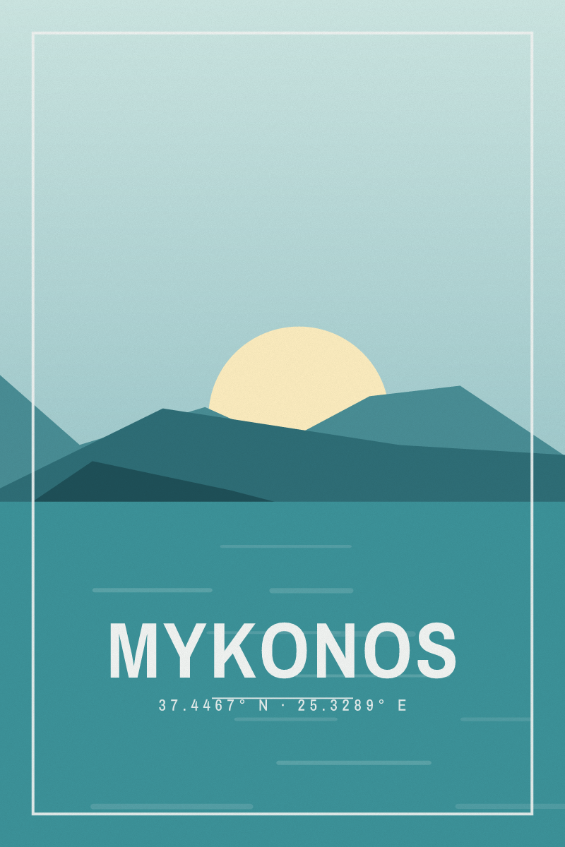 Retro travel poster of Mykonos with layered ridgelines and sun arcs in the coastal calm palette