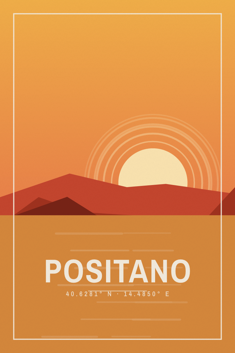Retro travel poster of Positano with layered ridgelines and sun arcs in the sunset dunes palette