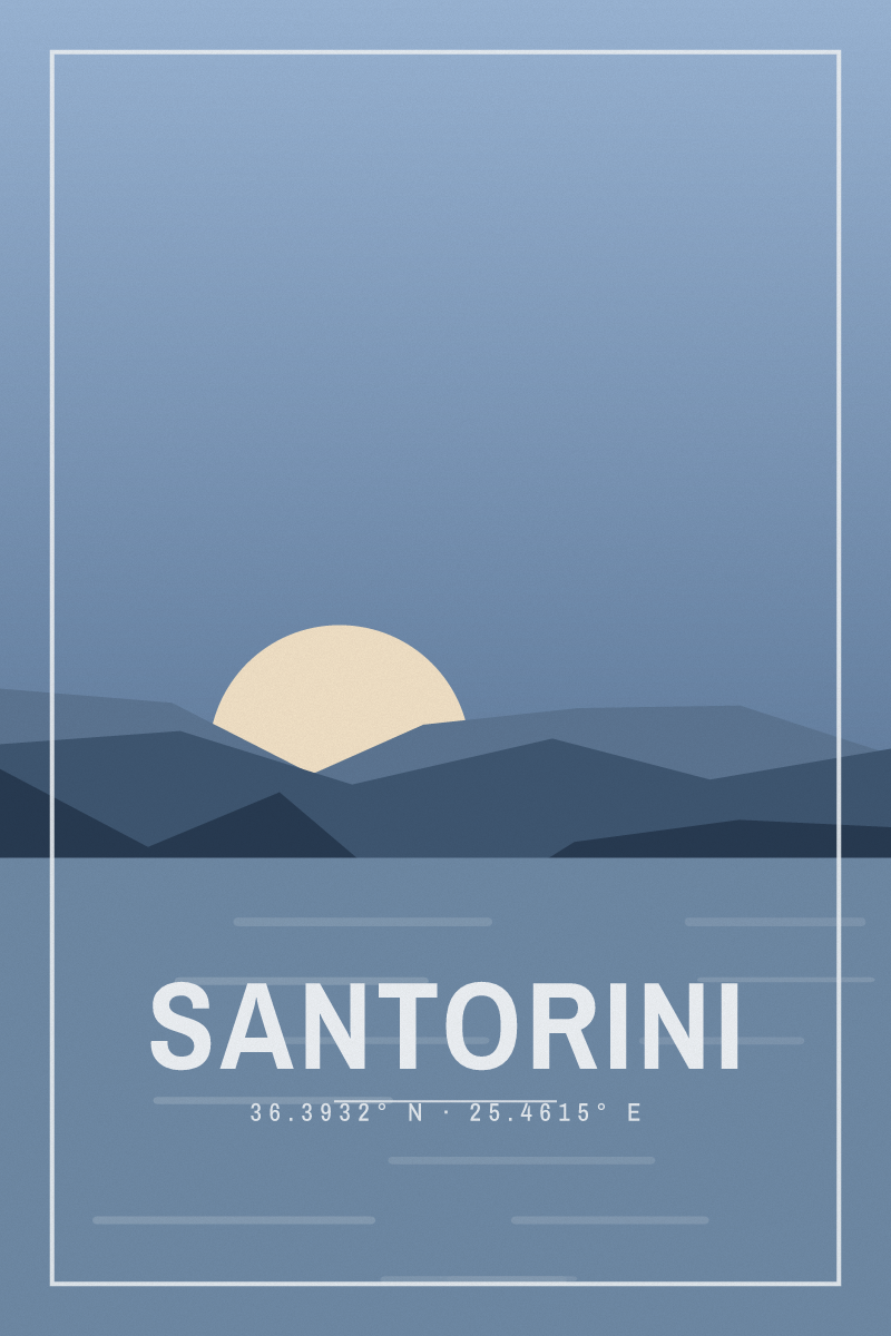 Retro travel poster of Santorini with layered ridgelines and sun arcs in the alpine dusk palette