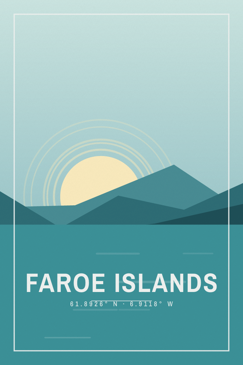 Retro travel poster of Faroe Islands with layered ridgelines and sun arcs in the coastal calm palette