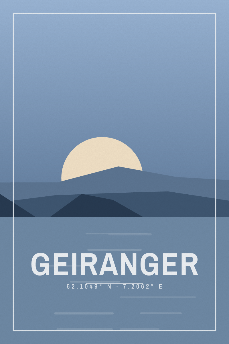 Retro travel poster of Geiranger with layered ridgelines and sun arcs in the alpine dusk palette