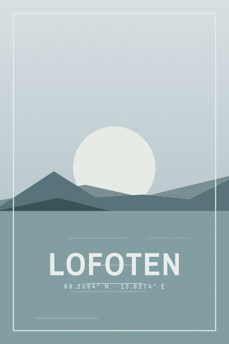 Retro travel poster of Lofoten with layered ridgelines and sun arcs in the nordic fjord palette