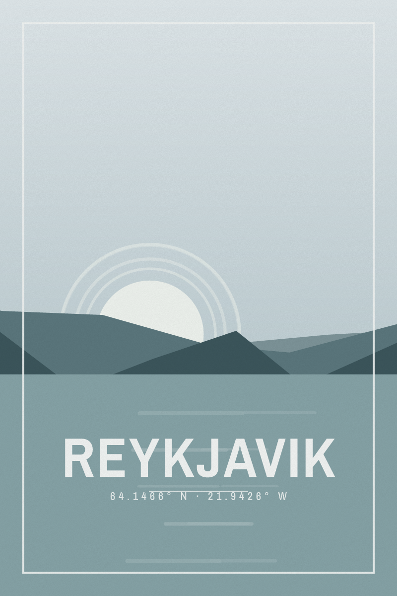 Retro travel poster of Reykjavik with layered ridgelines and sun arcs in the nordic fjord palette