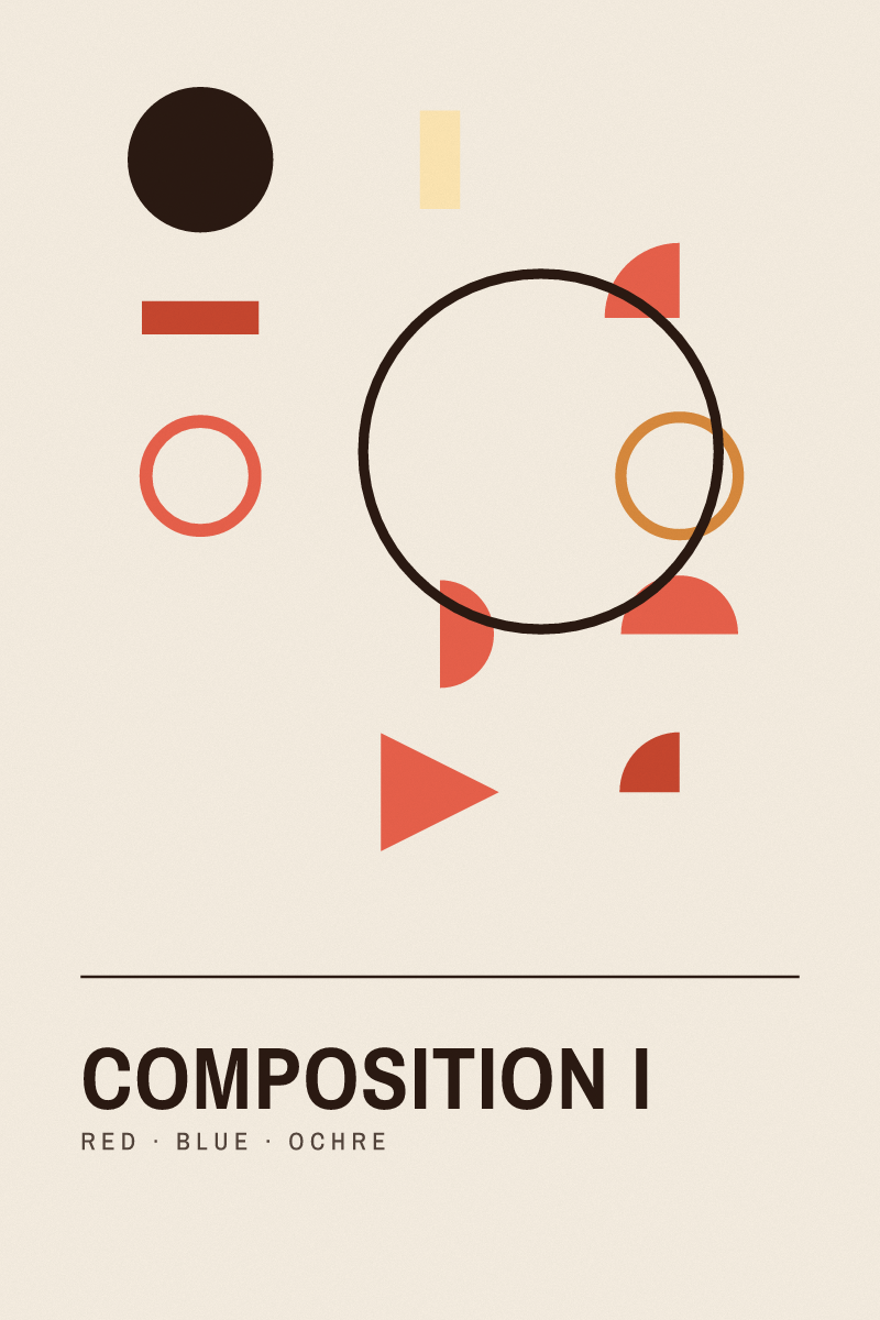 Bauhaus-style geometric art print composition i with circles, arcs and grids in the sunset dunes palette