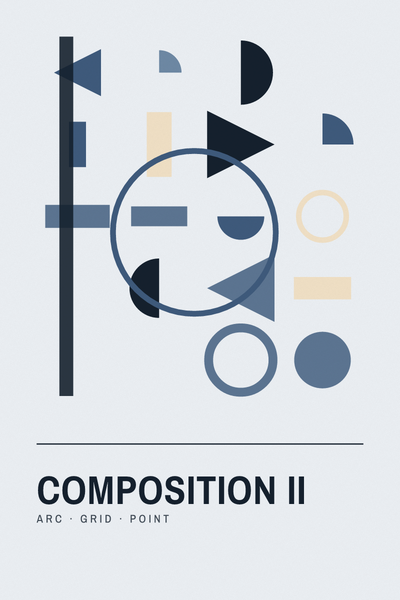 Bauhaus-style geometric art print composition ii with circles, arcs and grids in the alpine dusk palette