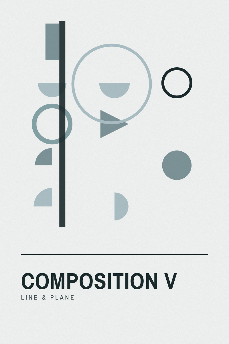 Bauhaus-style geometric art print composition v with circles, arcs and grids in the nordic fjord palette