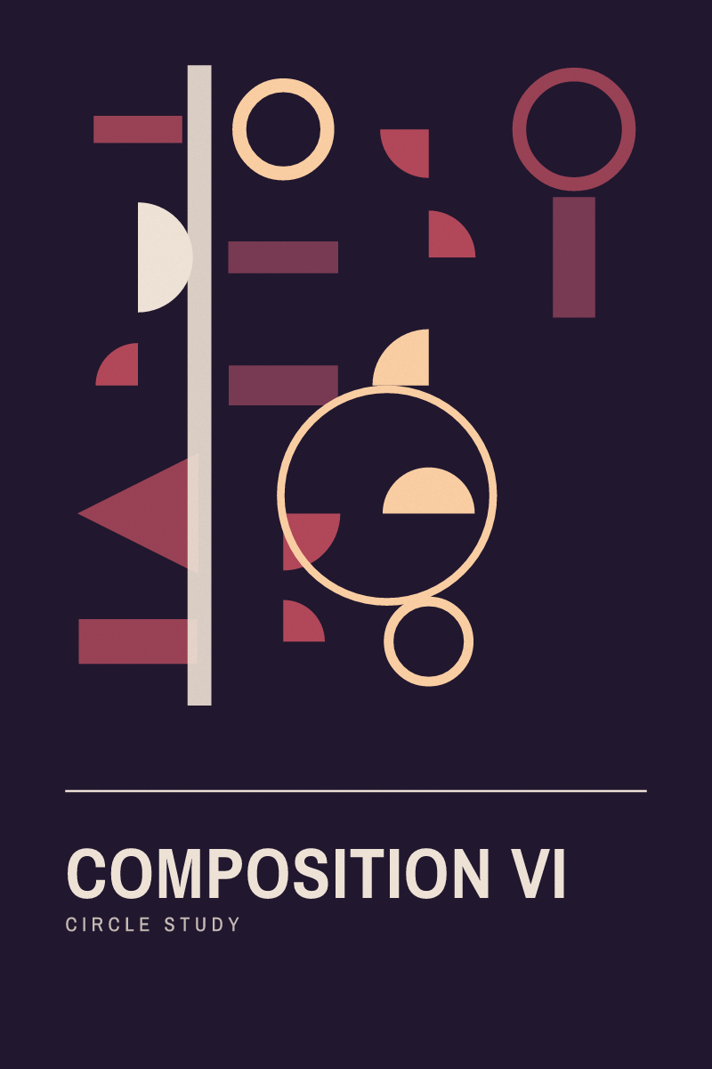 Bauhaus-style geometric art print composition vi with circles, arcs and grids in the ember night palette