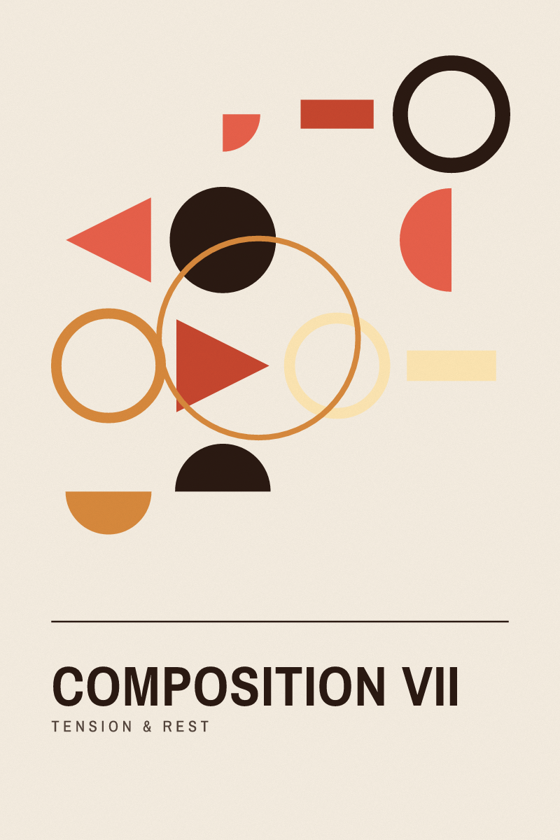 Bauhaus-style geometric art print composition vii with circles, arcs and grids in the sunset dunes palette
