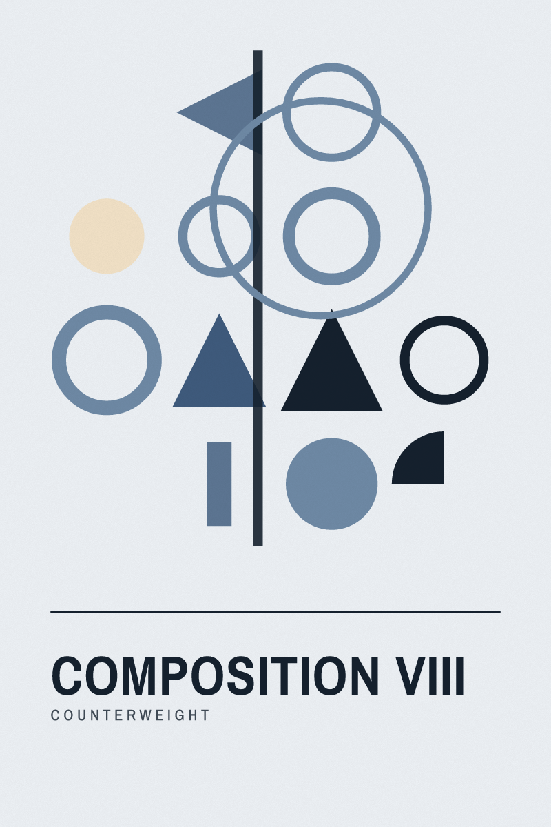 Bauhaus-style geometric art print composition viii with circles, arcs and grids in the alpine dusk palette